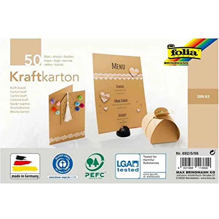 folia 692/5/98 - Kraftkarton natur, 230 g/m², DIN A5, 50 Blatt, zum individuellen Basteln und Gestalten von Grußkarten, Einladungen, Tischkarten, uvm. – Bild 1