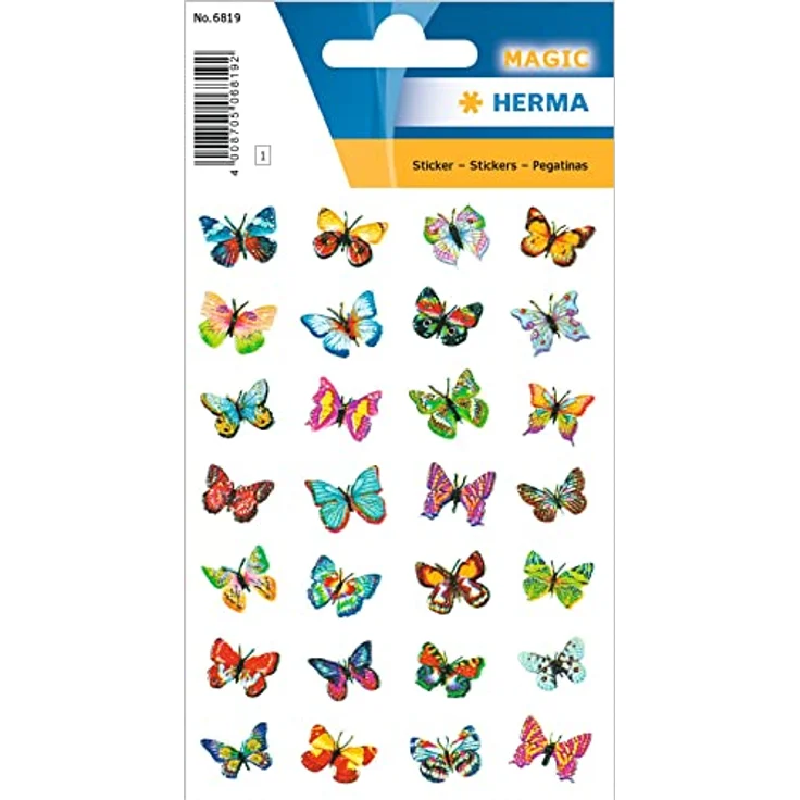 HERMA 6819 Glitterfolie Sticker für Kinder, Schmetterlinge (32 Aufkleber, Folie, glitzernd) selbstklebend, permanent haftende Motiv Etiketten für Mädchen und Jungen, bunt – Bild 1