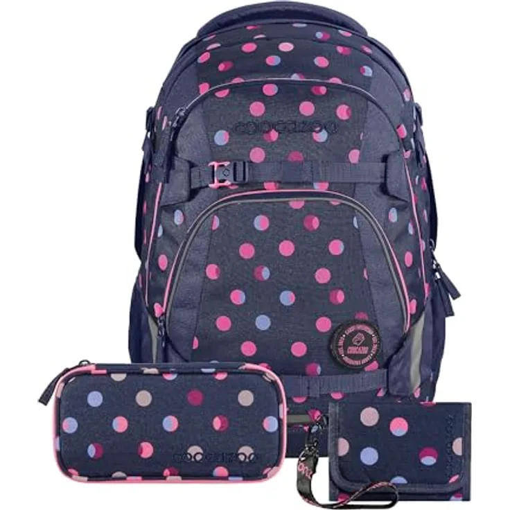 Coocazoo Schulrucksack-Set MATE „Reflective Moons“, 30L ergonomischer Tornister mit Brust- und Hüftgurt, inkl. Mäppchen und Geldbörse, blau, stufenlos höhenverstellbar und reflektierend