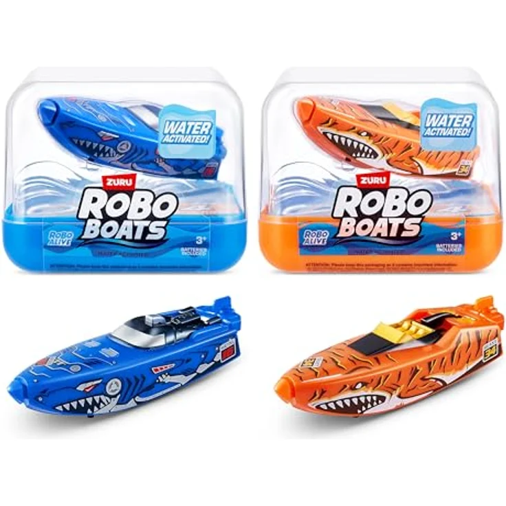 ZURU Robo Alive Robo Boats, Tiger Shark & Robo Shark Boat, Wasseraktivierte Spielzeugboote, 2 Pack, für Action und Wasserspaß – Bild 1