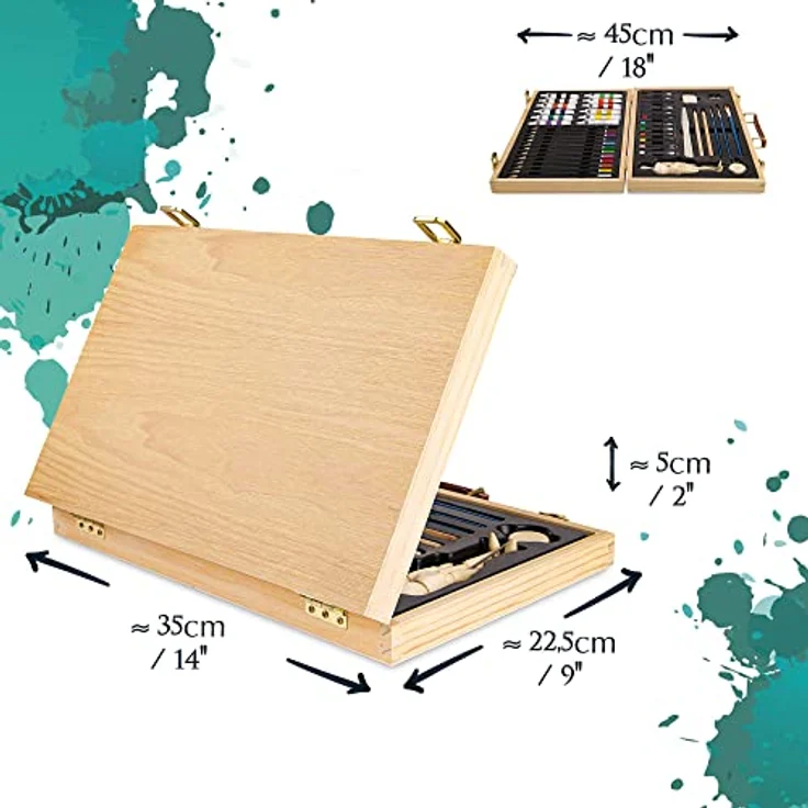 Artina Kreativset Leonardo, 45tlg. Malset mit 12 Acrylfarben, 12 Buntstiften und Gliederpuppe im Holzbox – Bild 3