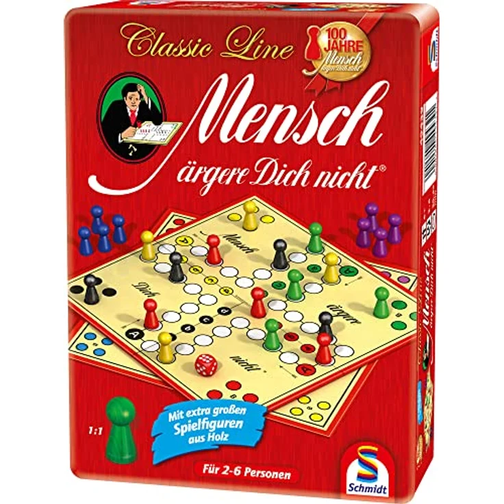 Schmidt Spiele 49439 Mensch ärgere Dich Nicht, Classic Line in Metalldose mit extra großen Holz-Spielfiguren, Rot, für 2-6 Spieler, ab 6 Jahren – Bild 5