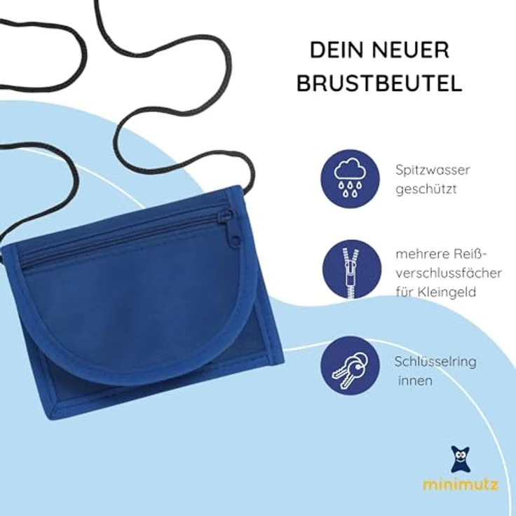 minimutz Kinder Geldbeutel Royalblau, Geldbörse zum Umhängen mit Sichtfenster für Busausweis, 4 Fächer, Klett- und Reißverschluss – Bild 2