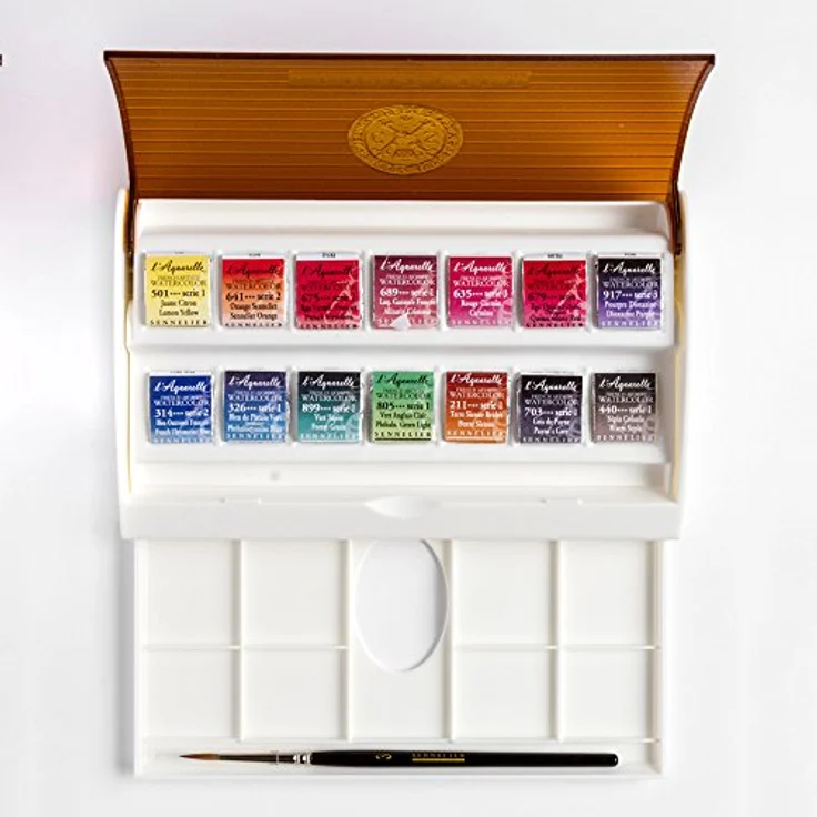 Sennelier Aquarell Reiseset, 14 halbe Näpfchen im Kunststoffkasten mit extra feinen Wasserfarben – Bild 2