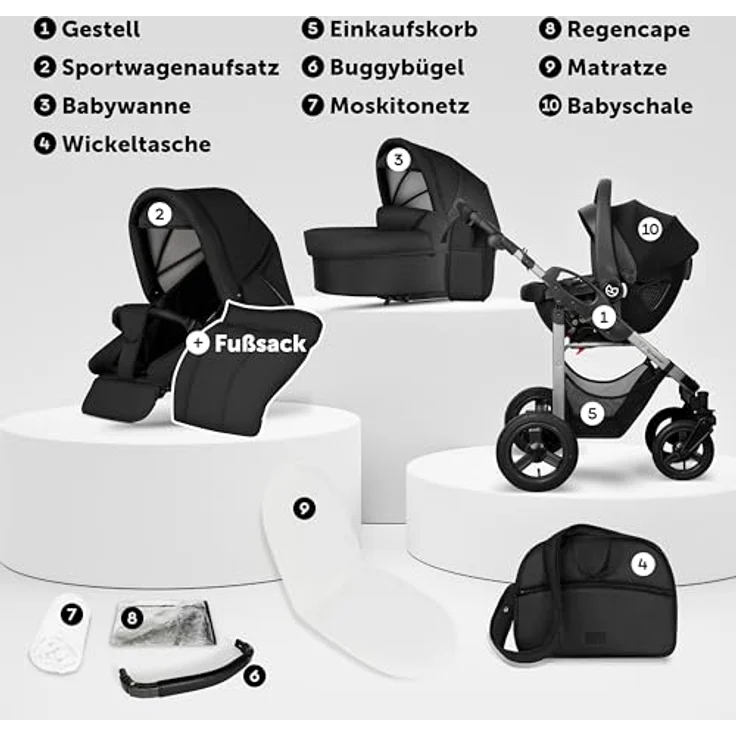 Bergsteiger Capri Kombikinderwagen 3-in-1, mit Babywanne, Sportsitz & i-Size Babyschale, Luftreifen, Federung, faltbar, höhenverstellbarer Griff, inklusive Zubehör – Bild 3