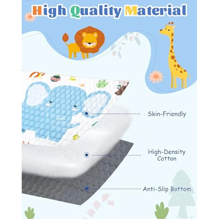 Funsland Krabbelteppich für Baby, Rutschfeste Schadstofffreie Spielmatte 127x127cm aus Baumwolle mit Höhenlineal, Faltbar für Innen/Außen, Bunte Tiermotive – Bild 2