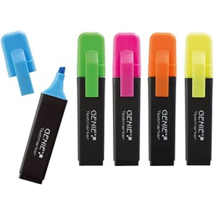 GENIE Textmarker farbsortiert, 5 St. in Gelb, Orange, Grün, Pink und Blau, wasserlöslich mit ergonomischem Griff und Keilspitze