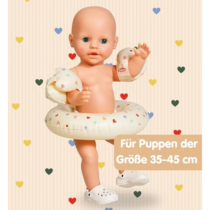 Heless 550 Puppen-Schwimmset Beige Herz Konfetti, mit Schwimmring, Schwimmflügeln und Clogs für Puppen 35-45 cm – Bild 3