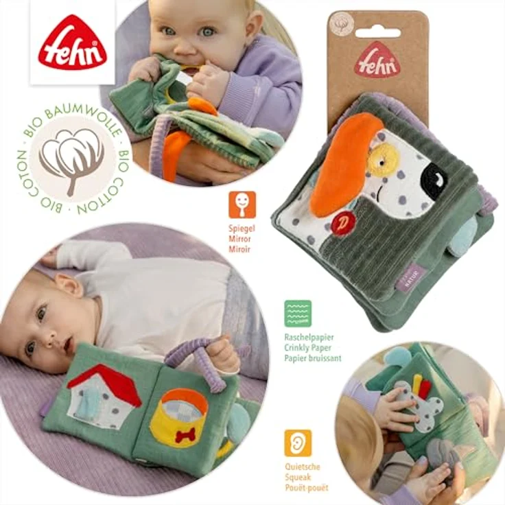 Fehn Greifspielzeug Stoffbuch Hund NATUR, aus Bio-Baumwolle mit Raschelpapier und Spiegel – Bild 5