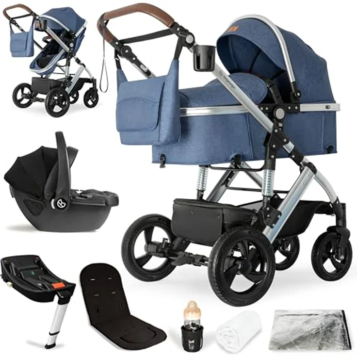 Bergsteiger Nizza 3 in 1 Kinderwagen, Kombikinderwagen Komplettset, Auto-Babyschale & Isofix Station, Babywanne & Buggy Sportsitz, Aluminiumgestell, höhenverstellbarer Griff, blau – Bild 1