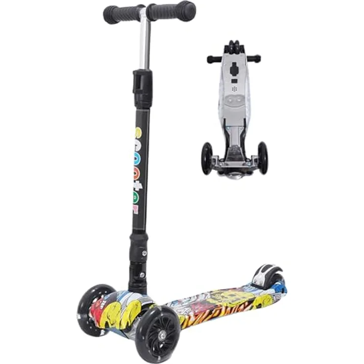 Europebazar Habib Kinderroller Metall-Roller 3-Rad, klappbar mit LED Licht, bis 50kg, Schwarz