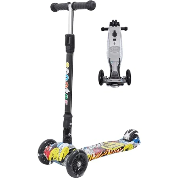 Europebazar Habib Kinderroller Metall-Roller 3-Rad, klappbar mit LED Licht, bis 50kg, Schwarz – Bild 1