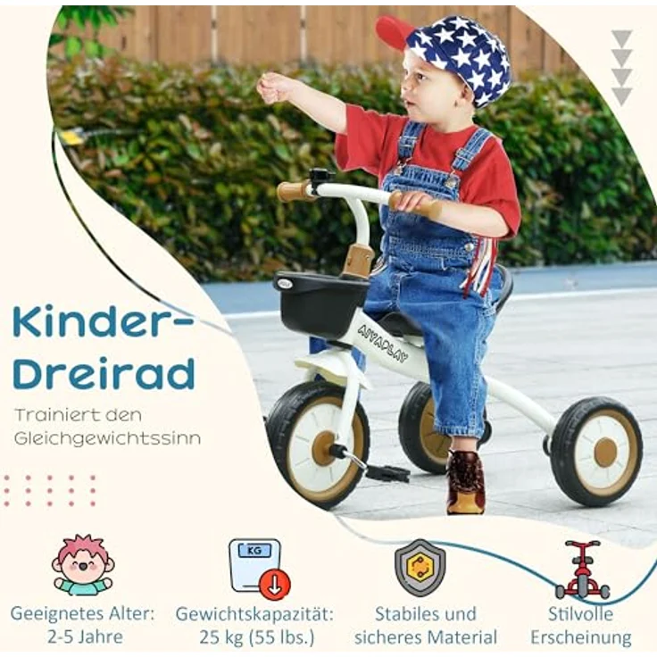 AIYAPLAY Dreirad Kinderfahrrad mit verstellbarem Sitz, Laufrad, Metall, Weiß, 70.5L x 53B x 58H cm – Bild 4