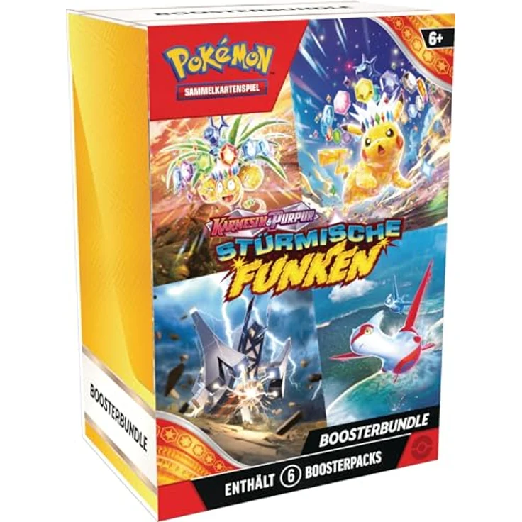 Pokémon-Sammelkartenspiel: Boosterbundle Karmesin & Purpur – Stürmische Funken (6 Boosterpacks) - Elektrisierendes Pikachu-ex und tosende Drachen – Bild 1