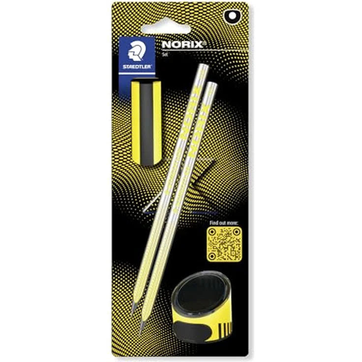 STAEDTLER NORIX 181 Bleistift, HB, hergestellt aus upgecyceltem Holz, Blisterkarte gelb mit 2 Bleistiften, Radierer und Einzelspitzdose – Bild 1