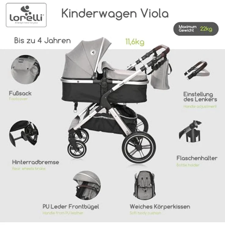 Lorelli Kinderwagen Viola 2 in 1, Kombikinderwagen bis 22 kg inkl. Babywanne und Sportsitz, grau, großartige Gummireifen und Federung – Bild 2