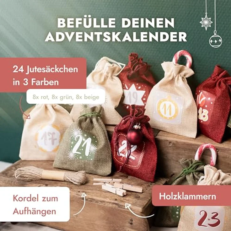 AMARI ® Adventskalender zum Befüllen Stoff - 24 Jutesäckchen (mit Holzklammern und Kordel) zum Basteln für Weihnachten - Stoffbeutel Adventskalender wiederverwendbar – Bild 4