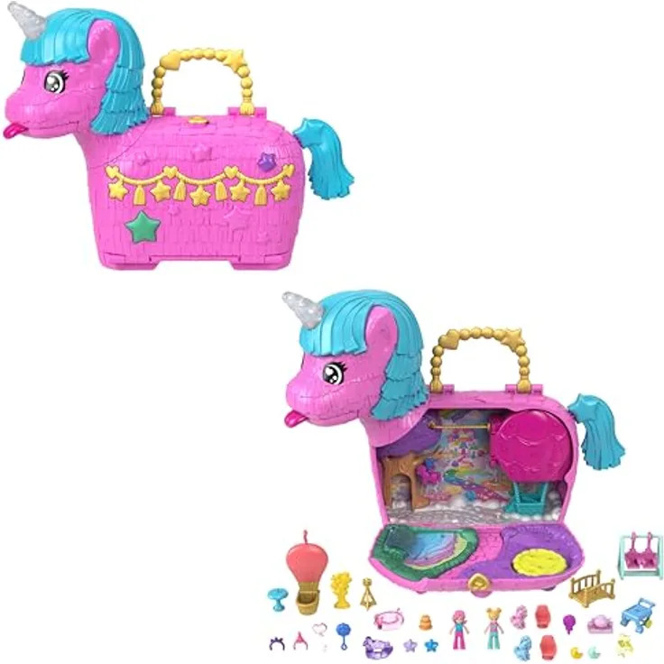 Polly Pocket Playset Unicorn-Partyland, Spielset mit Einhorn-Pinata, 2 Puppen und 29 Accessoires