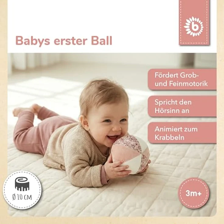 Bieco Veloursball Ella mit Rassel, Ø 10 cm, kuscheliger Plüschball in dreamy rose/sand Mix, fördert Motorik und Krabbeln – Bild 2