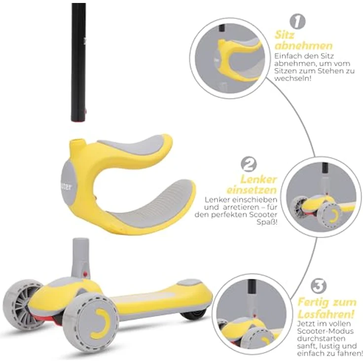 Habib Gruppe 3-in-1 Kinderroller Dreirad mit Sitz, höhenverstellbar und faltbar, LED Räder, sicher und robust, ideal für Jungen & Mädchen von 2 bis 10 Jahren - Gelb – Bild 2