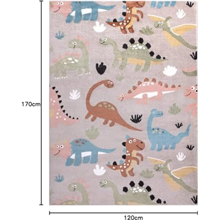 rugsx Fun Dino Kinderteppich, Dinosaurier-Muster, beige, 120x170 cm, Pflegeleicht und für Fußbodenheizung geeignet – Bild 3
