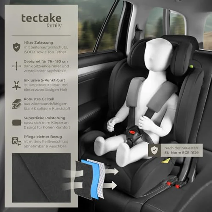 tectake Emely Autokindersitz, i-Size zugelassen, 5-Punkt-Gurt, für 9-36 kg, höhenverstellbar, atmungsaktiver Bezug, Schwarz – Bild 2