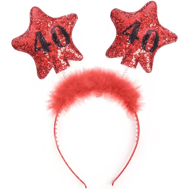 PartyDeco Haarreif für 40. Geburtstag, Stirnband mit Sternen und gedruckten Zahlen, rot, mit Fell und Glitzer-Design, 1 Stück – Bild 1
