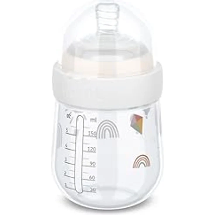 Mepal Babyflasche Mio, 165 ml, Anti-Kolik mit spiralförmigem Design, medizinisches Silikon, transparente Kappe zur Aufbewahrung - Sunshine & Rainbow – Bild 2