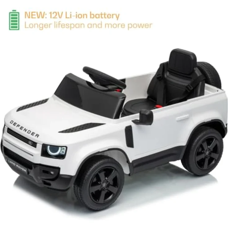 Vrooomy Land Rover Defender 90 Elektro-Kinderfahrzeug 12V für 1 bis 5 Jahre – Akku-Kinderauto mit Fernbedienung, EVA-Rädern, 3-Punkt-Gurt und MP3-Player – Weiß – Bild 4
