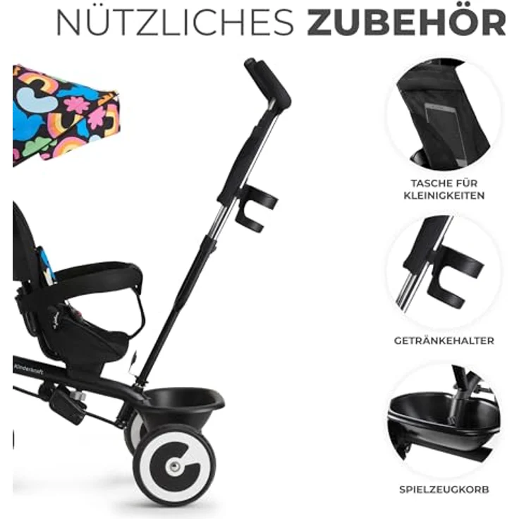 Kinderkraft Aston Dreirad, Kinderdreirad mit drehbarem Sitz, Schubstange, ausklappbarem Verdeck und Sonnenschutz, ab 9 Monate bis 25 kg, Happy Shapes – Bild 5