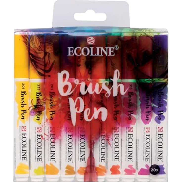 Ecoline Brush Pen-Set, 20 flüssige Aquarellstifte in Grundfarben | Mischbare Pinselstifte für Handlettering und Zeichnen