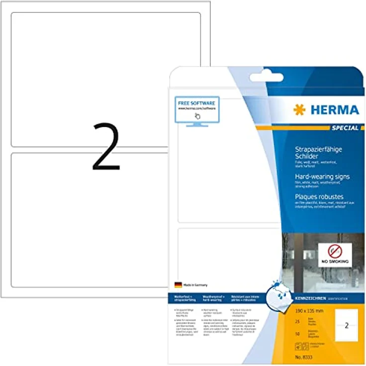 HERMA 8333 Wetterfeste Folienetiketten, weiß, 50 Stück, 190 x 135 mm, bedruckbar, reißfest, wasserabweisend – Bild 1