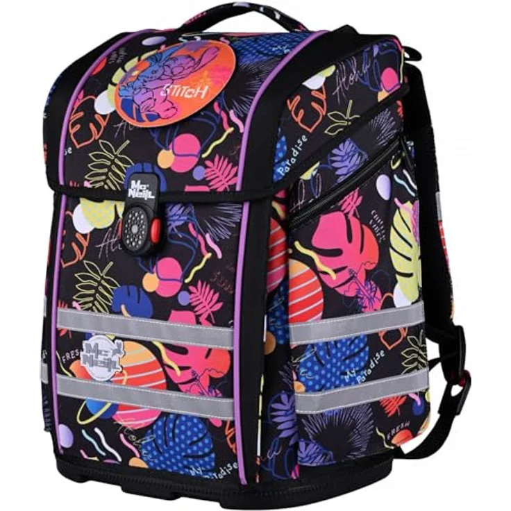 McNeill Schulranzen Perfecto Disney, 8-teiliges Set in bunt mit Stitch Black Design, großes Hauptfach, gepolsterte Träger, robustes Material – Bild 5