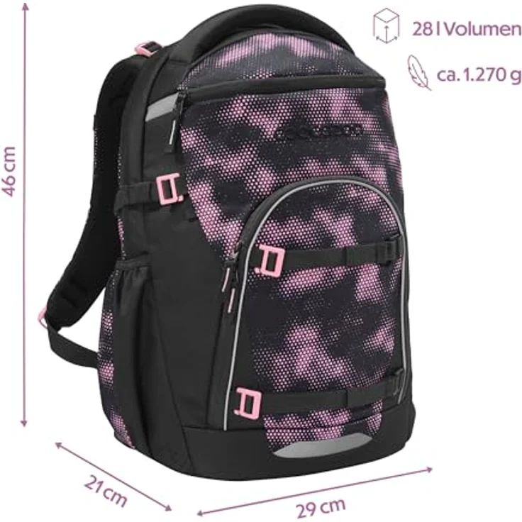 Coocazoo Byte Schulrucksack „Pink Illusion”, ergonomischer Tornister, höhenverstellbar, mit Brust- und Hüftgurt, schwarz-pink, für die 3. Klasse – Bild 2