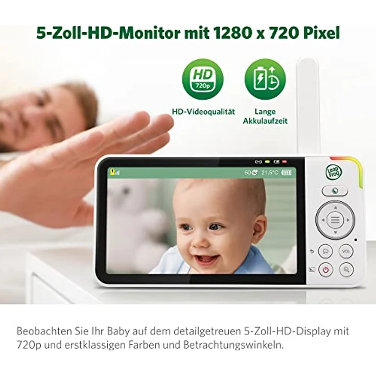 LeapFrog LF915HD Babyphone mit Kamera, Babyfon mit Kamera 5-Zoll, Video Baby Monitor, Audio Babyphone mit Zoom, Gegensprech, Nachtsicht, Nachtlicht, Temperatur/Feuchtigkeitssensor, Weitwinkelobjektiv – Bild 2