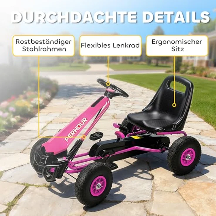 AIYAPLAY Go-Kart Tretauto, mit Handbremse und verstellbarem Sitz, für Kinder 3-8 Jahre, rosa, Pedalantrieb – Bild 6