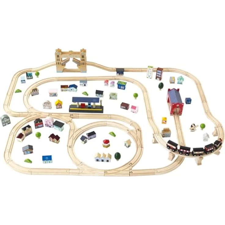Le Toy Van London Train Set, 120-teiliges Holzeisenbahn-Set mit magnetisch verbindbaren Waggons, Gleisen und detaillierten Zubehörteilen aus nachhaltigem Holz, für Kinder ab 3 Jahren – Bild 1