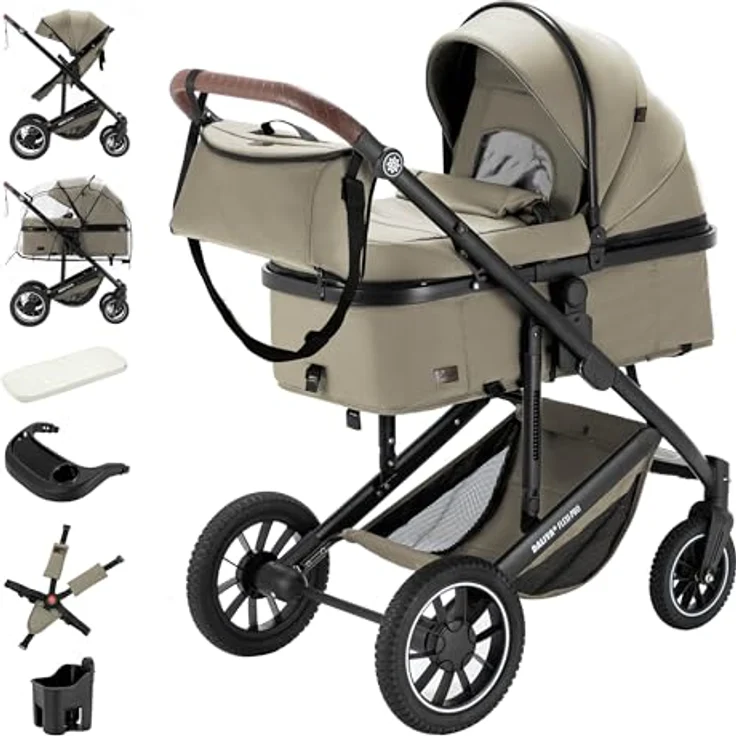 Daliya FLEXI-PRO M 2in1 Kombikinderwagen, klappbar, höhenverstellbar, mit Liegefunktion und großem Einkaufskorb, Beige – Bild 1