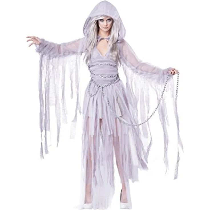Metamorph Weiblicher Schlossgeist Kostüm, graues Kleid mit Organzaüberzug, Kapuze mit Zerfledderungseffekt und Schleier – Bild 1