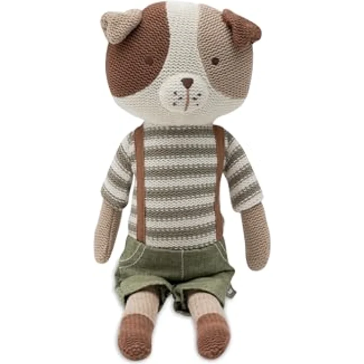 Jollein Kuscheltier Hund Mick, Gestrickt, 30 cm, Mit Latzhose, Handwaschbar, Stofftier für Babys und Kinder, Pflegeleicht und Hygienisch – Bild 1