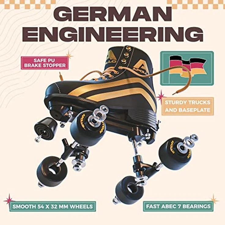 Apollo Disco Roller, Classic Roller | Rollschuhe für Kinder und Erwachsene | größenverstellbare Quad-Skates, 3 Größen, verstellbar von 31 bis 42 | Rollschuhe Damen in schicken Designs – Bild 4