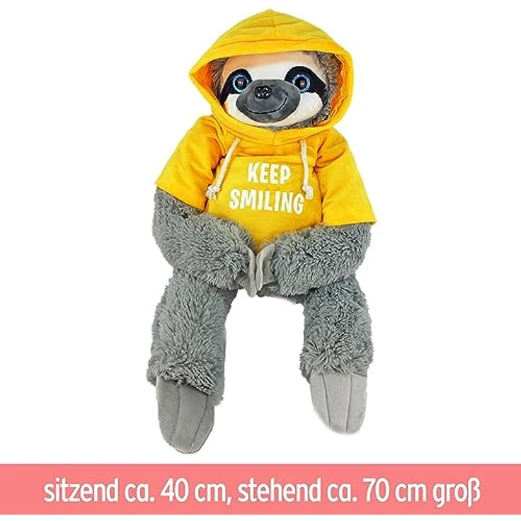 BEMIRO Faultier Kuscheltier mit Kapuze - gelb Keep Smiling - ca. 70 cm, Faultier Kuscheltier mit Pulli, Kletthände zum anhängen, Plüschtier Faultier mit Hoodie – Bild 3