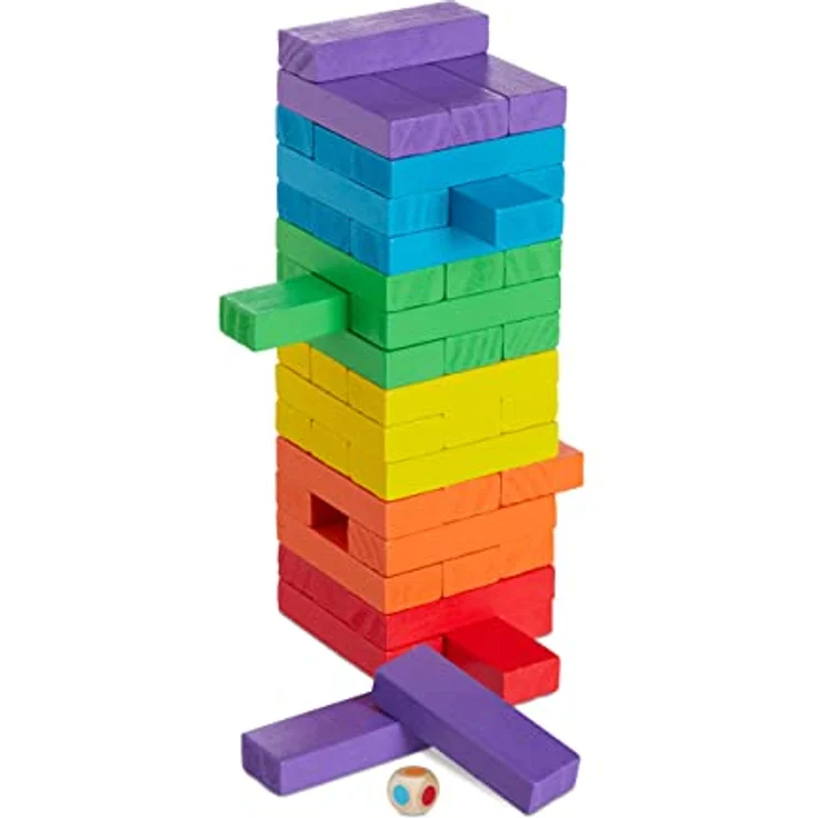 relaxdays Wackelturm Holz Stapelspielzeug, bunt, mit 48 Spielsteinen und Würfel zur Geschicklichkeitsschulung, ca. 22,5 x 7,5 x 7,5 cm – Bild 1