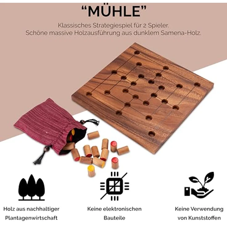 Logoplay Mühle Gr. XL für 2 Spieler, stabiles Spielbrett aus Samena-Holz 25 x 25 cm mit farbigen Spielsteinen und Stoffbeutel – Bild 3