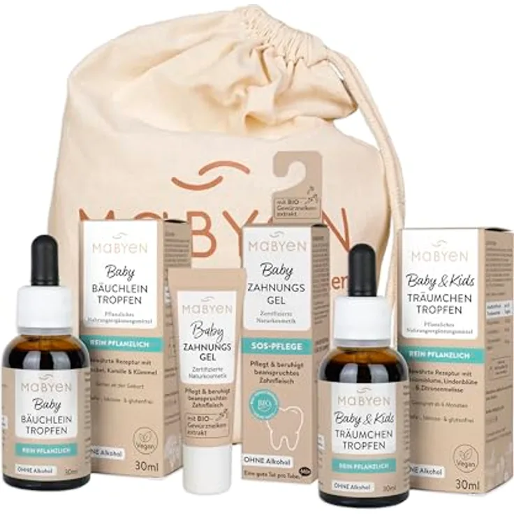 MABYEN Baby Wohlfühl Set, Zahnungsgel, Bäuchleintropfen und Träumchentropfen, vegan und alkoholfrei, inklusive ÖKO-TEX zertifiziertem Beutel