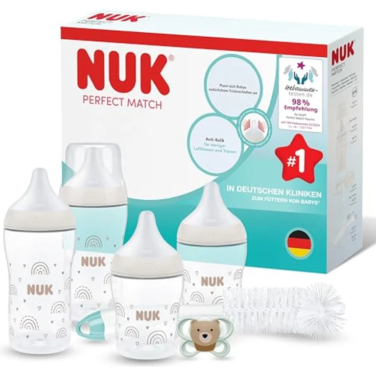 Nuk 8-tlg. Starter-Set Perfect Match, 4x PP-Flasche mit Silikon-Sauger, Schnuller, Schnullerbox, Flaschenbürste - Regenbogen - 150 & 260 ml - Gr. 0-6 M+ – Bild 1