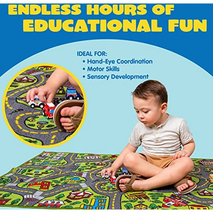 JOYIN Spielteppich Kinderzimmer 80x150cm, Stadtteppich mit 12 Mini Auto Spielzeugen, sicherer und langlebiger Kinderteppich für Jungen und Mädchen – Bild 4