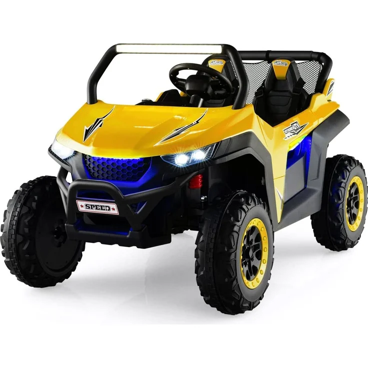 COSTWAY 2 Sitzer Kinderauto UTV mit 2,4G Fernbedienung, Musik und Scheinwerfer, 12V, 2-4 km/h, für Kinder ab 3 Jahren, Gelb