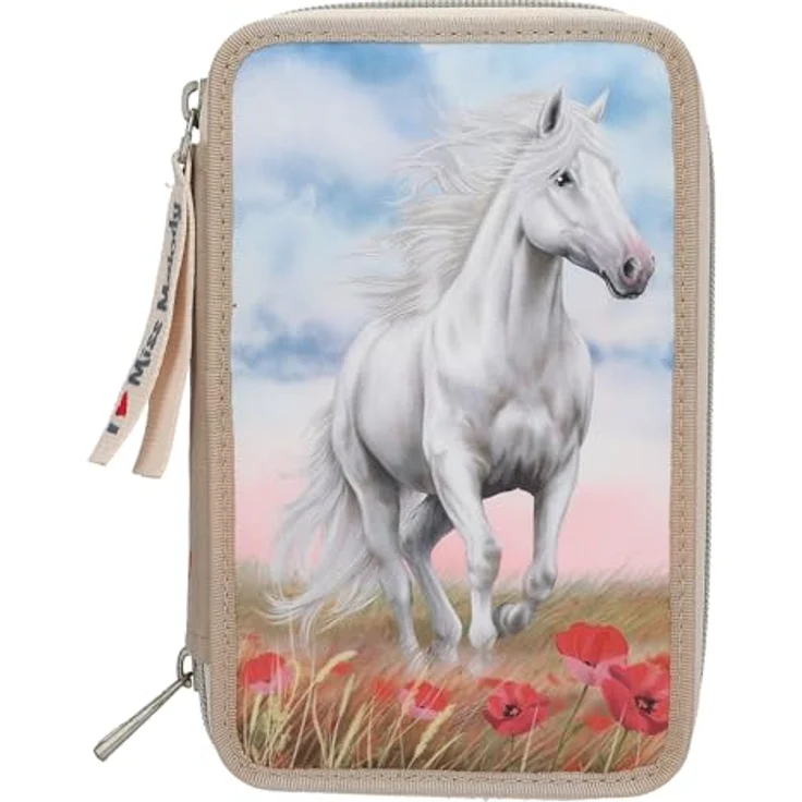 Depesche 13341 Miss Melody 3 Fach Federtasche Poppy Sand - Beige mit Pferdemotiv und Mohnblumen-Wiese, inkl. 18 Bunt- und Filzstiften, Zubehör und Anhänger – Bild 1