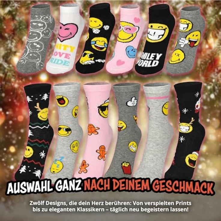 United Labels SmileyWorld Adventskalender, 12 Paar bunte Socken für Damen, Größe 35-41, inklusive Sneaker- und langen Socken, ideales Weihnachtsgeschenk – Bild 4